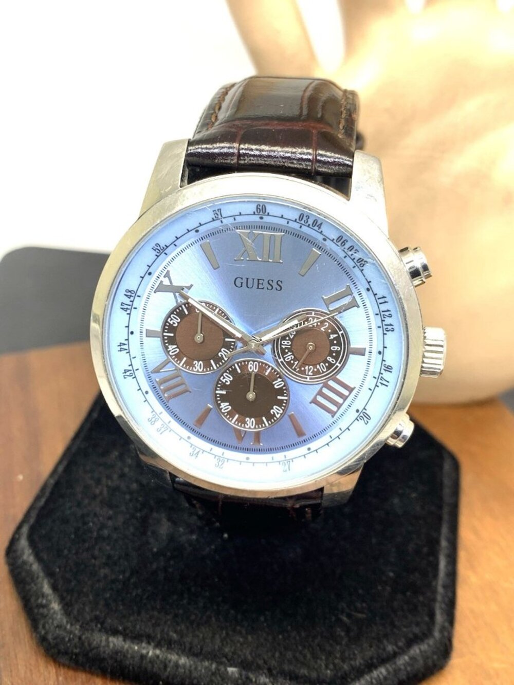 Guess Men's Watch U0380G6 Horizon Quartz Chronograph Blue Dial Leather Band 45mm